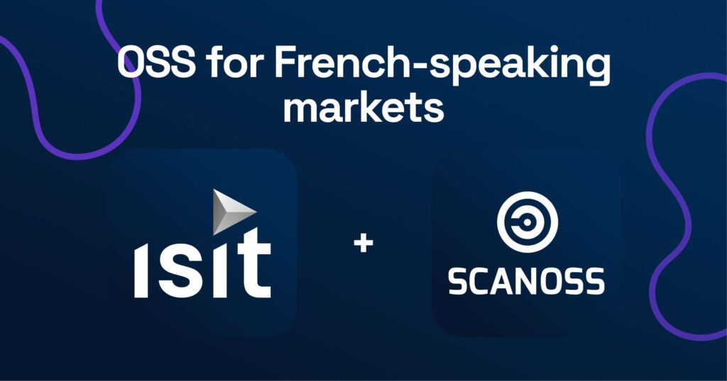 OSS for French-speaking markets. Logos: Isit with play icon and Scanos, set on a dark blue background with curved lines.