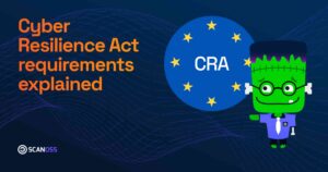 Cartoon Frankenstein in shirt next to EU flag with "CRA." Orange text reads "Cyber Resilience Act Requirements Explained." Blue wave background.