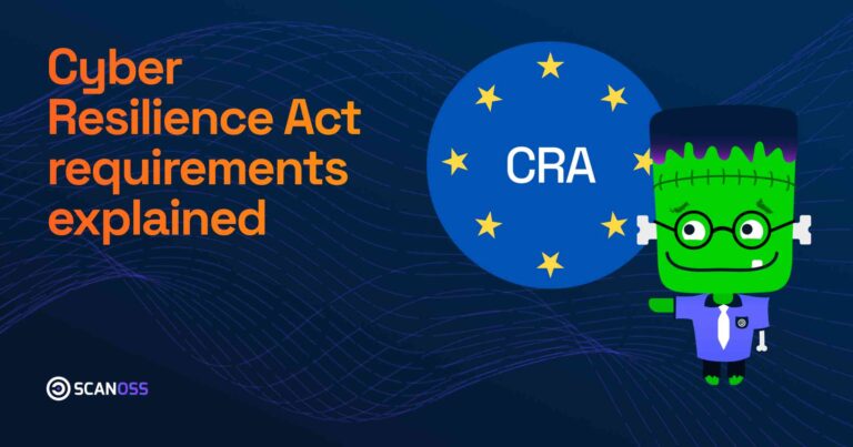 Cartoon Frankenstein in shirt next to EU flag with "CRA." Orange text reads "Cyber Resilience Act Requirements Explained." Blue wave background.