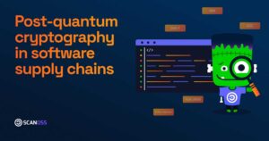 Cartoon figure with a magnifying glass and code, alongside text: "Post-Quantum Cryptography in Software Supply Chains." Dark blue background.