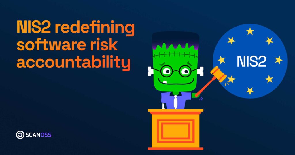 Cartoon character as judge holds a gavel by an EU emblem. Text: "NIS2 redefining software risk accountability." Dark blue background.