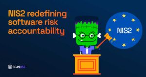 Cartoon character as judge holds a gavel by an EU emblem. Text: "NIS2 redefining software risk accountability." Dark blue background.